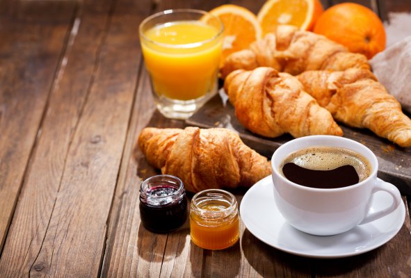 white cup of coffee croissants orange juice drip coffee makers